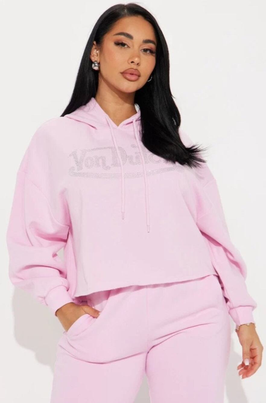NWT Von Dutch Light Pink Rhinestone Embellished Cropped Hoodie Womens Medium